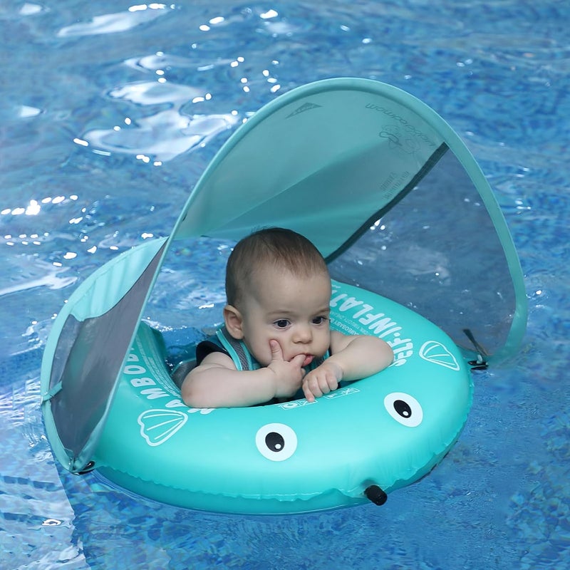 AnjeeIOT Mambobaby Float Self-Inflating Baby Pool Float Compressible Pool Swim Float Infant Soft Solid Swimming Trainer Baby Float with Removable UPF 50+ UV Sun Protection Canopy, Green - Image 1